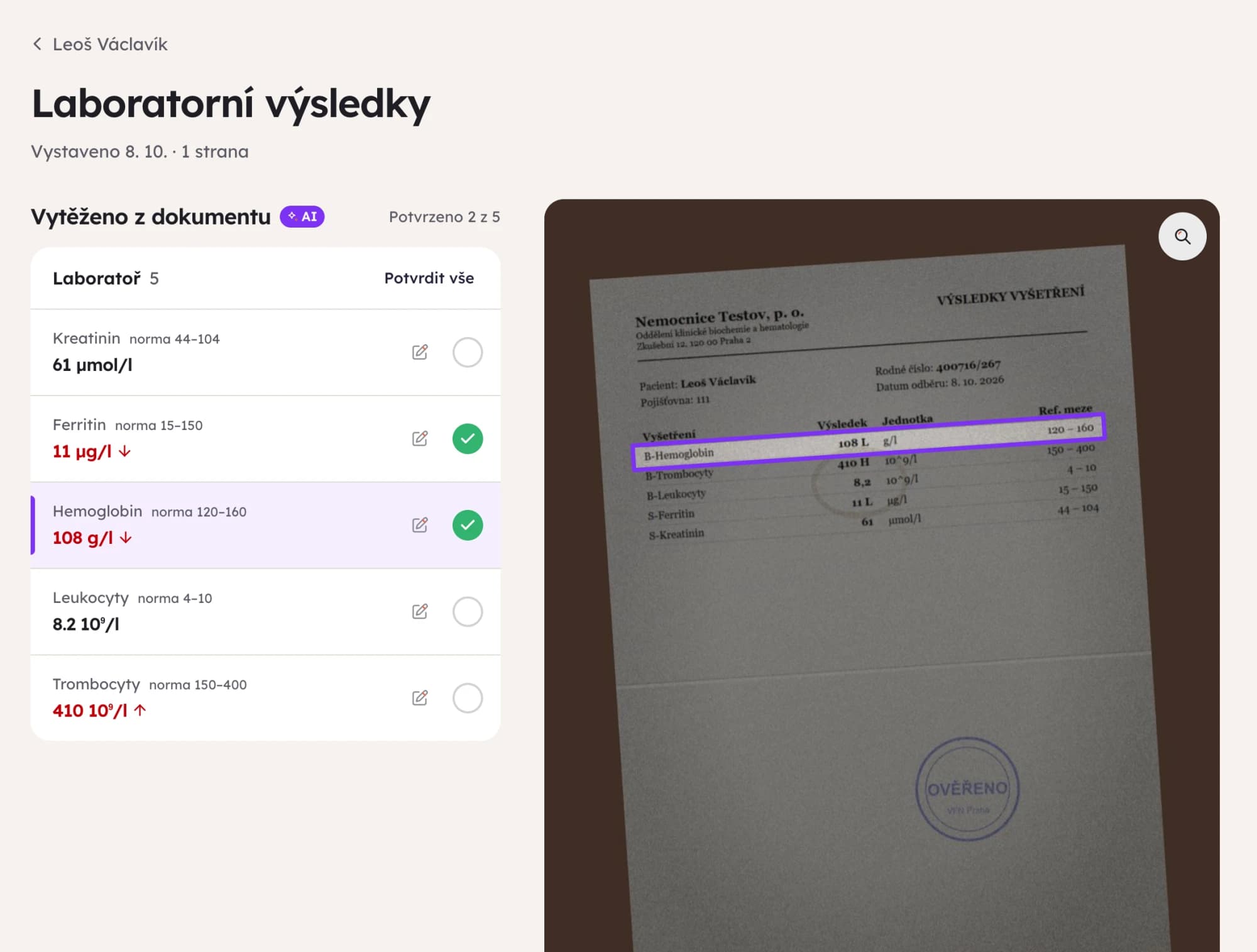 Klidka staff view of a lab report: AI-extracted values on the left, the haemoglobin row outlined on the original photo on the right